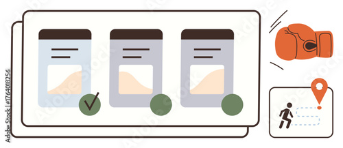 Three containers with indicator icons, checklist, boxing glove, and navigation path. Ideal for decision-making, comparison, evaluation, strategy progress tracking navigation direction. Simple flat