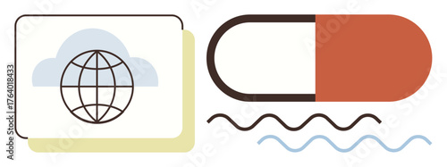 Globe within a digital cloud alongside a two-tone pill and fluid waveforms. Ideal for technology, healthcare, global access, connectivity, innovation, modern medicine, and digital transformation