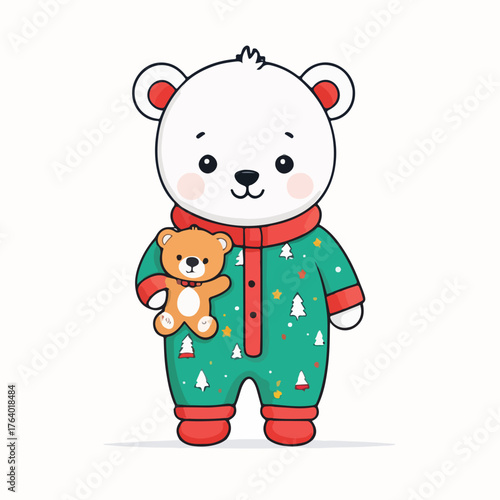 doodle flat vector of baby wearing Christmas pajamas holding a teddy bear