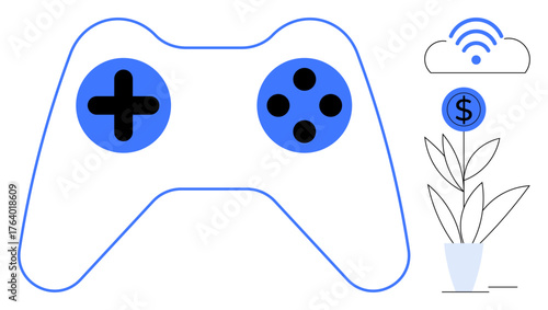 Blue game controller, wireless cloud, and growing dollar plant highlight gaming, technology, finance, online entertainment, digital connectivity, esports, and career growth as a simple flat metaphor