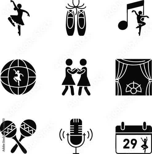Vector icons for dance, music, and performing arts. Ballerinas, ballet shoes, stage, musical instruments, and event concepts are featured