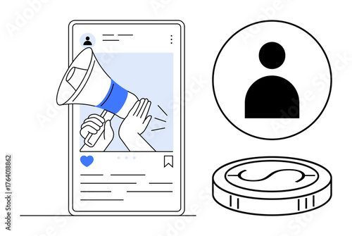 Mobile post with hand holding megaphone, user profile, and coin. Ideal for marketing, promotion, user engagement, influencer strategy, communication brand growth digital advertising. Flat simple
