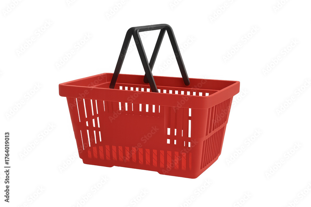 Fototapeta premium Red plastic shopping basket with black handles, representing retail, grocery, and consumerism on a transparent background