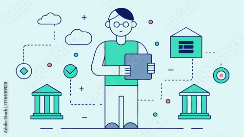 A minimal outline of a bank teller evolving into a digital app interface for mobile banking and cryptocurrency transactions.