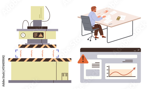 Industrial machine emits heat, man works on reports at desk, and alert on digital dashboard. Ideal for safety checks, productivity, risk management, automation, monitoring, analytics simple flat