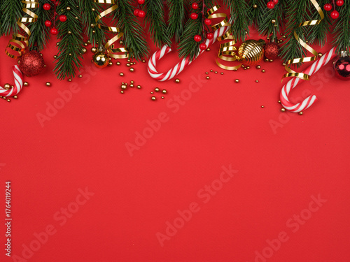 red christmas background balls and fir