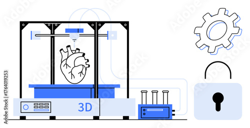 3D printer crafting heart prototype, flanked by gear, lock, and test tubes. Ideal for healthcare, innovation, biotechnology, prototyping security artificial intelligence future technology. Clean
