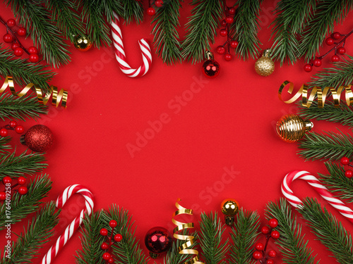 red christmas background balls and fir
