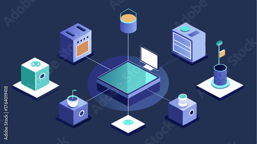 A 3D visualization of a virtual assistant integrating various devices in a home setting with an interactive floor plan that shows status updates and controls for each room.