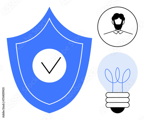 Blue shield with checkmark, circular user avatar, and glowing light bulb. Ideal for security, identity, innovation, technology, protection privacy decision-making concepts. Simple flat metaphor