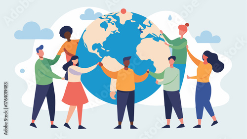 A network of diverse people holding a large globe together representing global teamwork and the interconnectedness of different cultures.
