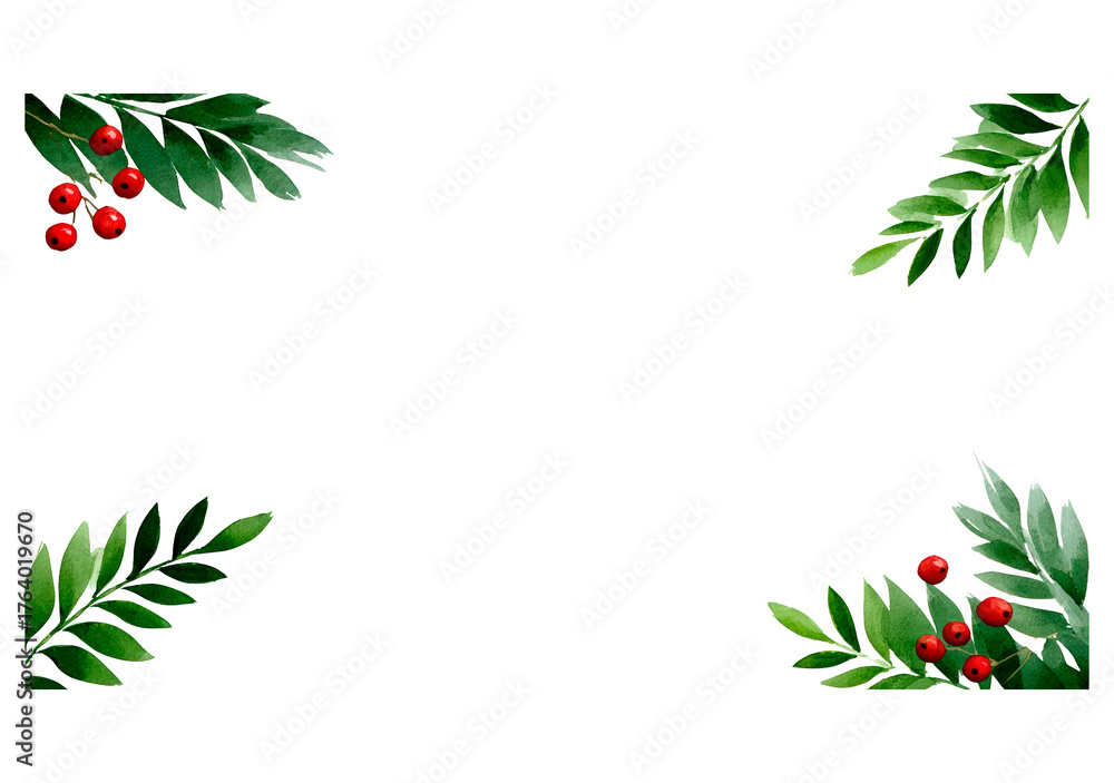 Fototapeta premium Festive green botanical frame with red berries on transparent background