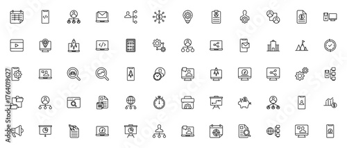 Project management icon set. Vector illustration. Inludes symbols for schedule coding, workflow, strateg, presentation, target, taks, management and more. Eitable stroke.