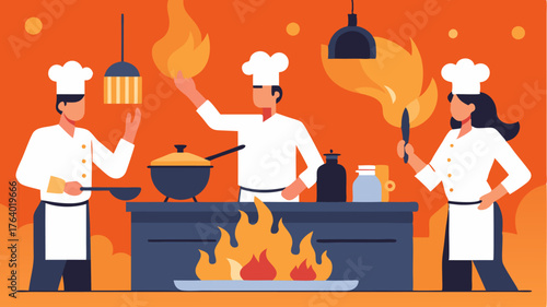 A lively open kitchen scene with chefs working in harmony flames leaping from pans and aromatic steam rising from simmering pots.