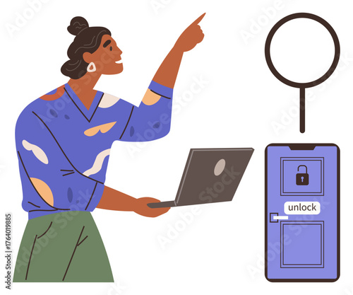 Woman holding laptop and pointing to emphasize exploration, problem-solving, access, and opportunity. Ideal for innovation, research, analysis, goal achievement, solutions security decision-making