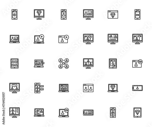 Online meeting icon set. Vector illustration pack. Icludes webinar, podcast, vdeo call, presentation, coference, discussion and moe. Editable stroke.