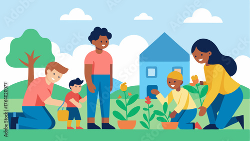 Families planting flowers in front of a community center children laughing and sharing stories as they dig in the soil.