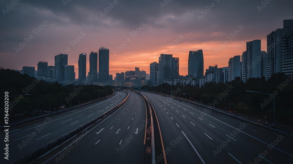 Obraz premium Elevated highway curves toward a dense cityscape beneath a dramatic twilight sky