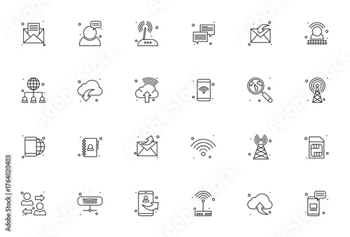 Communication icon set. Minimal vector line icons pak. Includes symbols for smrtphone, wifi, network, clud, message, call, globe ad more. Editable stroke.