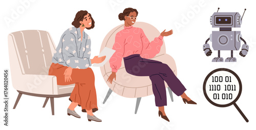 Two women seated in discussion, robot nearby, magnified binary code. Ideal for technology, AI, diversity, innovation, education teamwork communication. A simple flat metaphor