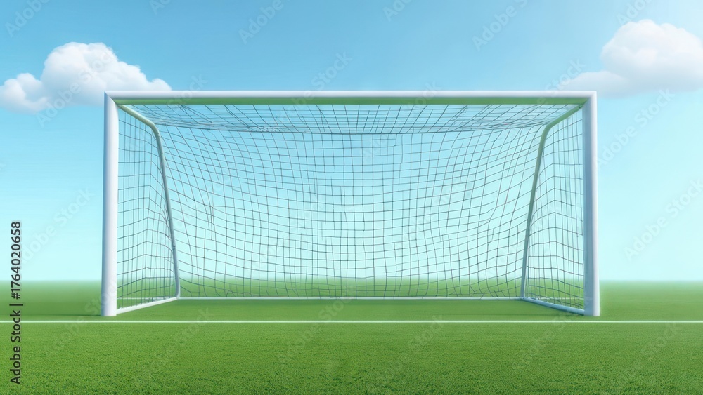 Fototapeta premium Soccer Goal on Green Field with Blue Sky and Clouds.