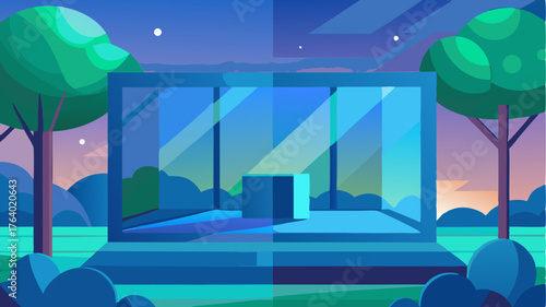 A brightlylit immersive environment simulates a serene outdoor setting complete with animated trees and a calming landscape visible through transparent digital windows.