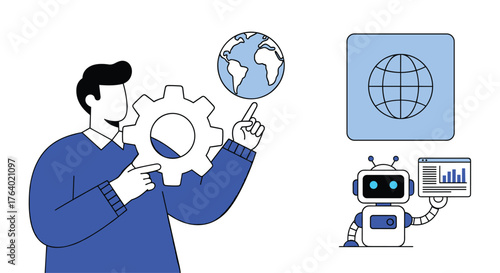 Businessman spins globe symbolizing global business connection and ai robot with charts