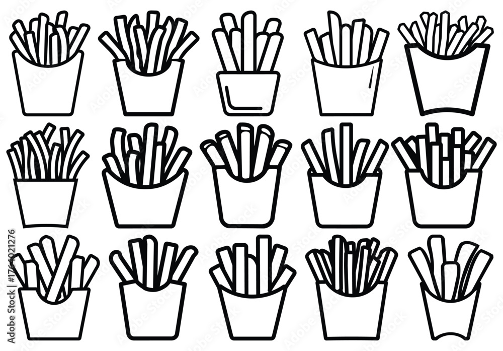 Fototapeta premium Various outlined french fries in paper containers create a pattern on transparent background