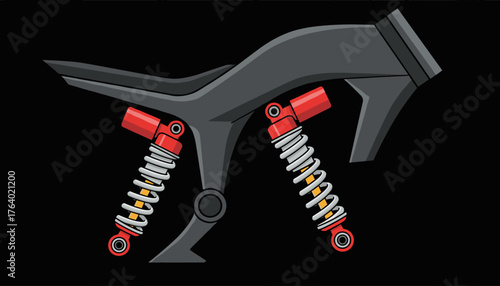 Close-up illustration of a motorcycle's rear suspension system, featuring vibrant red shock absorbers with white and yellow springs, attached to a sleek gray frame, set against a stark black
