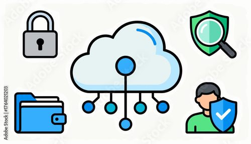 Vivid flat design icons representing cloud security concepts, including a padlock for encryption, a cloud network with nodes, a magnifying glass over a shield for data protection, a folder and wallet