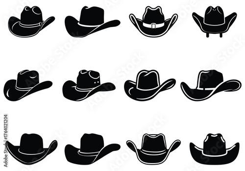 Collection of twelve different shapes of cowboy hats are seen in this transparent image