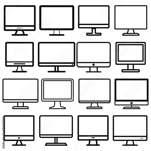 Sixteen different computer monitor icons arrayed in a grid are outlined in black