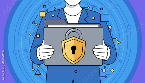 Abstract illustration of a person in a blue suit holding a folder with a golden shield and lock symbol, representing data privacy, document security, and confidential information protection against