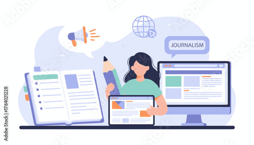 Modern flat illustration of a person engaged in content creation, holding a large pencil, surrounded by digital devices like a laptop and computer, an open book, and communication symbols like a