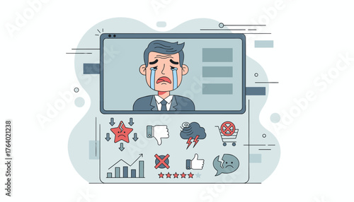 Customer experience dissatisfaction concept, unhappy businessman crying on screen with negative feedback icons: broken star, thumbs down, storm, no shopping cart, graph down, cross mark, low star