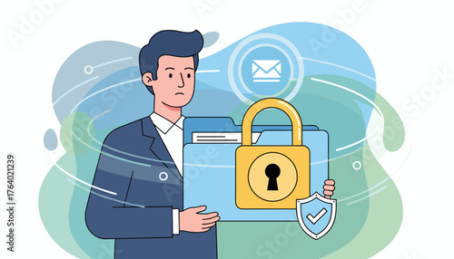 Confidential document concept with a man in a suit holding a locked folder, symbolizing privacy protection, data security, and secure information management, with an email icon and shield graphic.