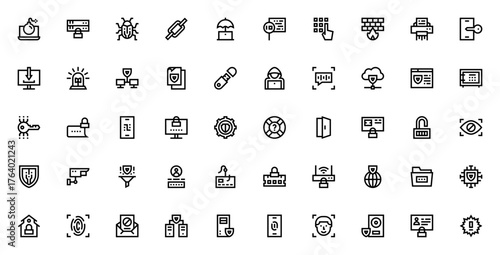 Data Security icon set. Vector illustration. Include symbols for firewall, hacer, password, protection, rivacy, encryption, cloud,network, server, and more.