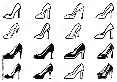 Sixteen fashionable high heel shoe icons displayed in a clean black and white grid pattern