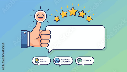 Customer satisfaction concept with a hand giving a thumb up, five stars, and speech bubbles for feedback, best review, and customer experience, symbolizing positive evaluation and excellent service