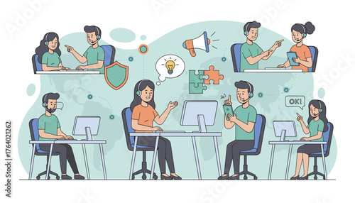 Diverse customer service team collaborating and solving problems with technology, communication, and innovative ideas, depicted in a flat design style with a world map background, symbolizing global