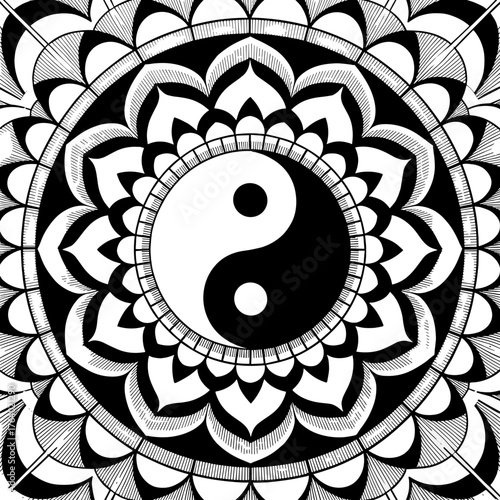 Yin yang symbol surrounded by intricate mandala design created with bold black and white patterns