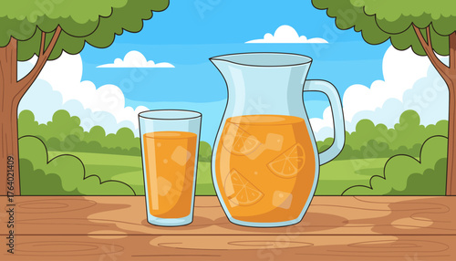 Refreshing glass and pitcher of fresh orange juice with ice and orange slices, set on a rustic wooden table against a backdrop of lush green trees, rolling hills, and a bright blue sky with fluffy
