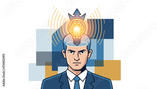 Vibrant illustration of a businessman with a glowing light bulb and brain inside his head, symbolizing innovation, ideas, and business success, set against a backdrop of abstract geometric shapes in