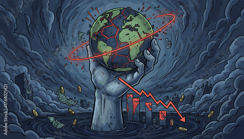 A giant, cracked hand holds a fragile, fractured Earth, symbolizing global economic collapse and financial crisis, with money falling and a downward trending graph indicating recession and business
