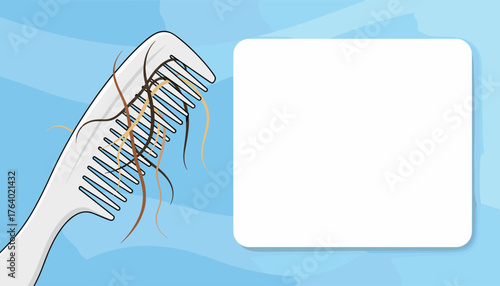 Close-up illustration of a white comb with strands of brown and blonde hair caught in its teeth, symbolizing hair loss and shedding, set against a soft blue background with subtle wave patterns