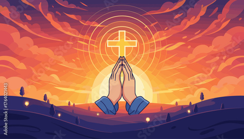 Praying hands in front of a glowing Christian cross against a vibrant sunset sky with dramatic clouds, symbolizing faith, hope, and spirituality in a serene landscape with rolling hills and scattered