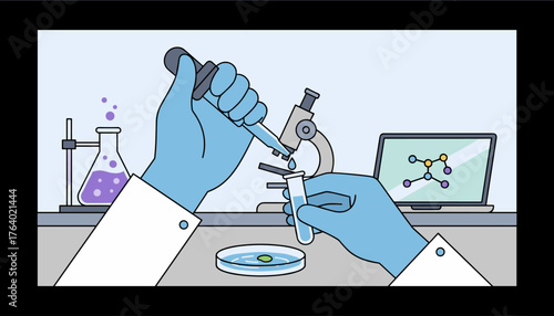 Close-up illustration of a scientist's hands wearing blue gloves, meticulously conducting a laboratory experiment with a pipette, test tube, microscope, and flask, while a laptop displays a molecular