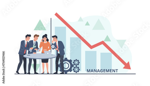Business team looking concerned at a falling graph and charts, symbolizing financial crisis, economic downturn, and management challenges, with gears indicating operational issues and a magnifying