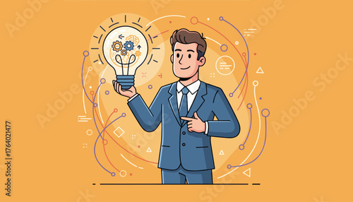 Innovative businessman in a blue suit holding a glowing lightbulb filled with gears and a brain, symbolizing a brilliant idea, creativity, and business strategy, set against a vibrant orange