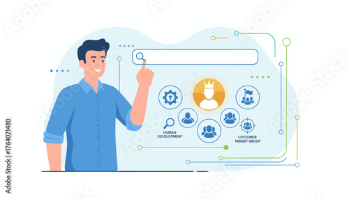 Man interacting with a search bar and icons representing human resource management, human development, and customer target groups, symbolizing recruitment, employee growth, and market segmentation in